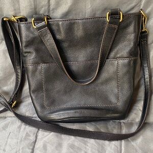 Fossil Dark Brown Leather Tote with Gold Accents